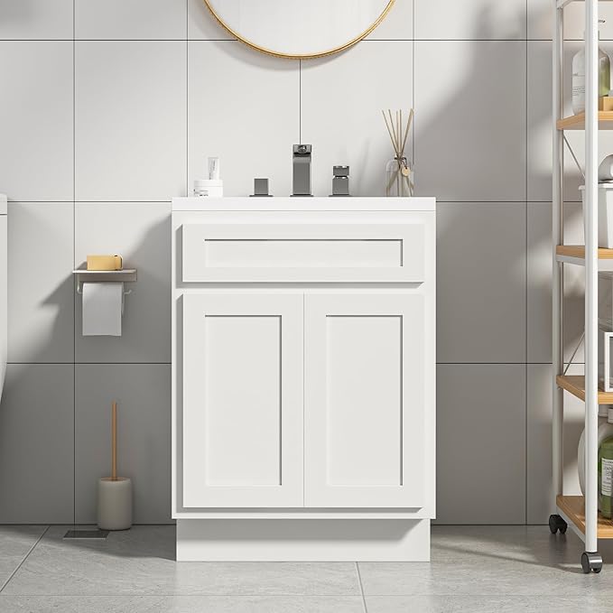 Vanity Art 24 Inch Double Shutter Door Bathroom Vanity Base Cabinet with Soft Closing Shaker Drawer, Strudy Floor Mount Storage Cabinet Organizer for Bedroom, Living Room, Kitchen, VA4024-W