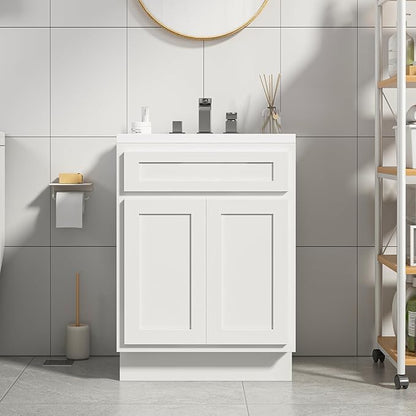 Vanity Art 24 Inch Double Shutter Door Bathroom Vanity Base Cabinet with Soft Closing Shaker Drawer, Strudy Floor Mount Storage Cabinet Organizer for Bedroom, Living Room, Kitchen, VA4024-W