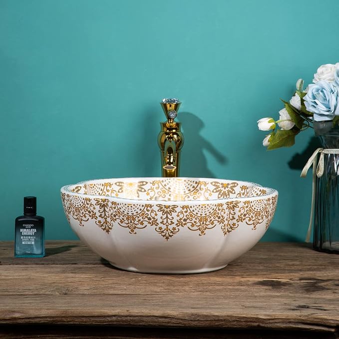 Moroccan Style White Gold Flower Shape Bathroom Vessel Sinks Art Ceramic Above Counter Sink Bowl for Vanity Top,Size Dia.16.4"