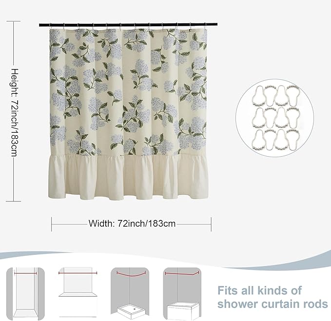 ORTIGIA Linen Textured Ruffle Shower Curtain with Metal Hooks, Vintage Blue Floral Hydrangea Boho Waterproof Bath Curtain for Rustic Farmhouse Bathroom Decor 72x72 Inch