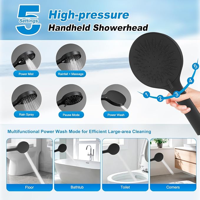 10" Rain Shower Head with Handheld/Extension Arm, Easy-Reach Holder, Chrome | High-Pressure Boosting Rainfall Showerhead with Metal Adjustable Extension Arm, 5-Spray Modes with Power Wash, Easy Install