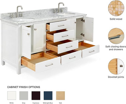 ARIEL Cambridge 66-inch Bathroom Vanity with Sink,Solid Wood, 0.75-inch Italian Carrara Marble Countertop & Backsplash, Double Oval Porcelain Sink, 4 Soft Closing Doors, 6 Dovetail Drawers, White