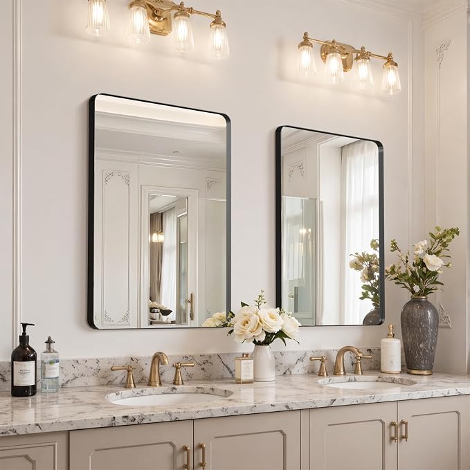 36"x24" Bathroom Vanity Mirror for Wall Aluminum Framed Farmhouse Rectangle | Anti-Rust, HD Reflection Anti-Desilvering, Distortion Free, Tempered and Shatter-Proof Wall Mounted Mirror, Black