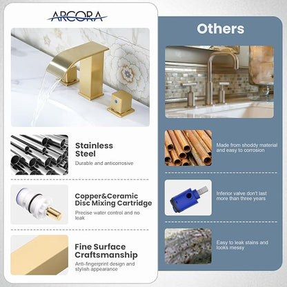 Brushed Gold Waterfall Bathroom Faucet: ARCORA 8 Inch Widespread Bathroom Faucets for Sinks 3 Hole, Modern 2 Handles Bathroom Sink Faucet with Pon Up Drain and cUPC Supply Lines