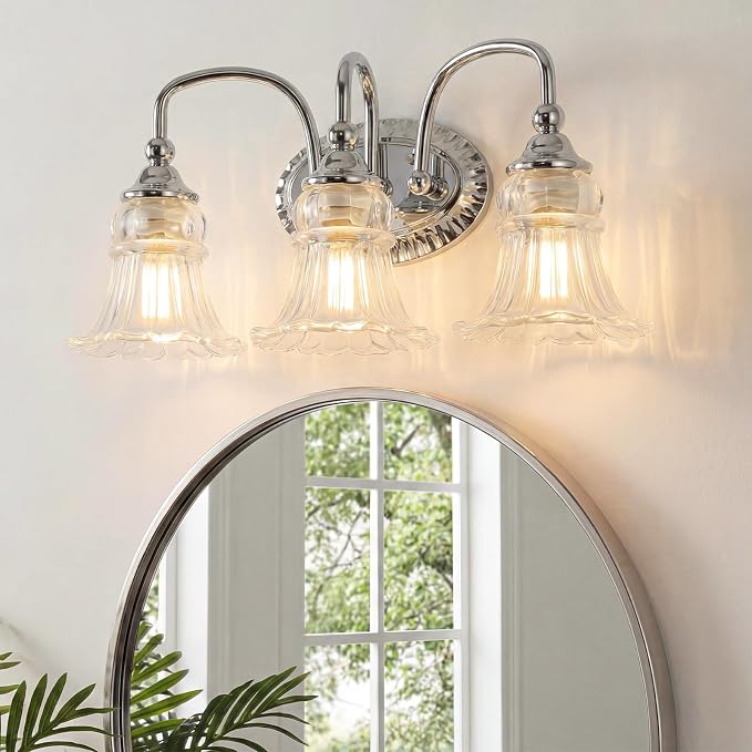 3-Light Vintage Bathroom Light Fixtures, Chrome | Vanity Lights Over Mirror with Floral Glass Shade for Bathroom Powder Room, Living Room Hallway