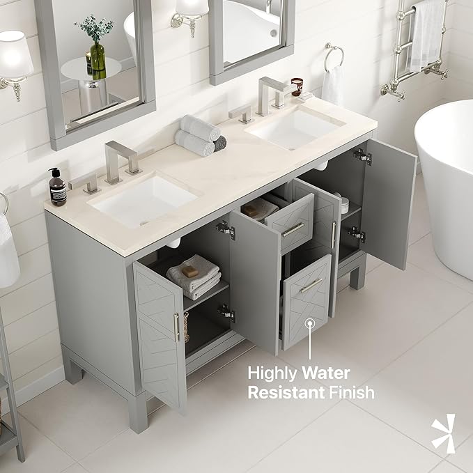 Eviva Cambridge 60 in. Gray Double Sink Bath Vanity with Quartz Top and Undermount Porcelain Sinks