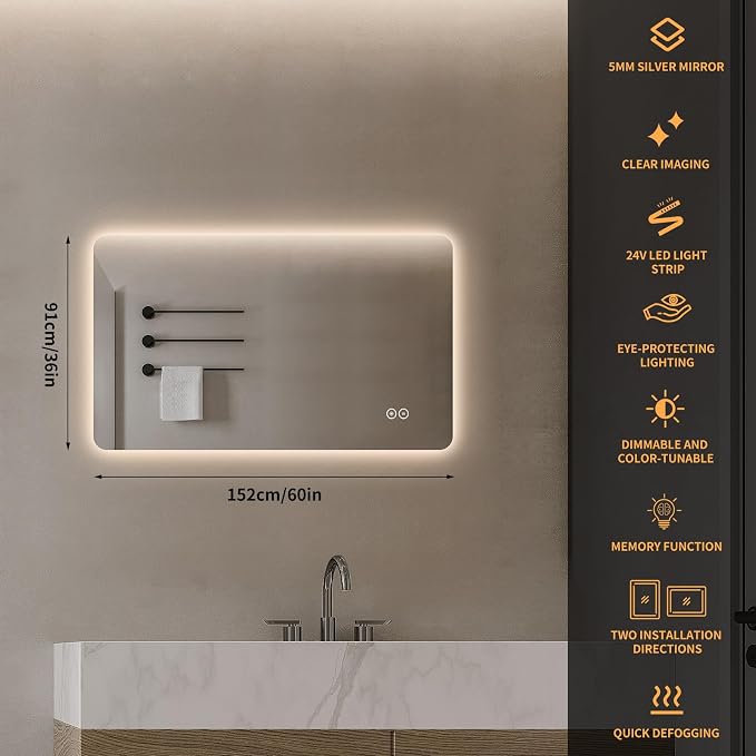 LAIYA 60"L x 36"W Rectangular LED Bathroom Mirror with Lights, HD, Anti-Fog | Dimmable LED Bathroom Mirror with Lights, Frameless Anti-Fog Vanity Mirror, HD Silver, Horizontal/Vertical Installation.