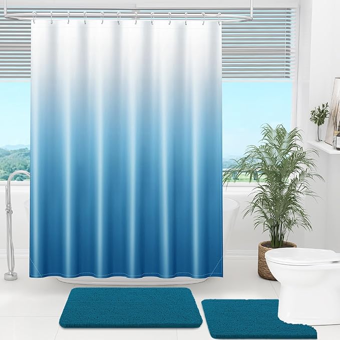 OLANLY Luxury Peacock Blue and White Ombre Shower Curtain Sets with 12 Hooks, Waterproof and Washable Decorative Shower Curtains for Bathroom, 72x72 Inches