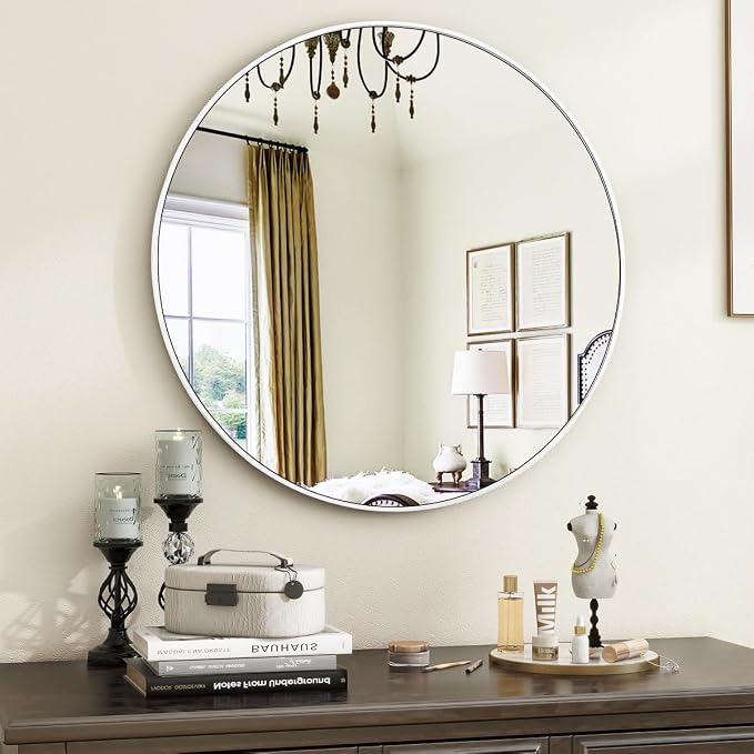 White Round Bathroom Mirror 24", Thin Metal Frame Wall Mirror | Circle Vanity Mirror for Over Sink, Hanging or Leaning Decor for Hallway, Entryway, Fireplace Mantel, Living Room