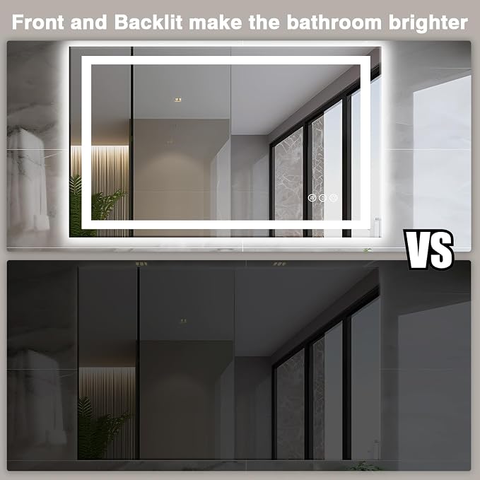 EchosLife 48"x30" LED Bathroom Mirror | Backlit + Front Lit, Anti-Fog, Stepless Dimmable, 3 Colors, Memory, Tempered Glass, UL Listed, Horizontal/Vertical