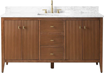 Vanity Art 60 inch Bathroom Vanity with Single Sink & Ceramic Top, Vanity Cabinet with Soft-Closing Door, Solid Wood Frame, Linear Pattern, Walnut, Golden Brushed Handware VA9160-SWalnut-GB