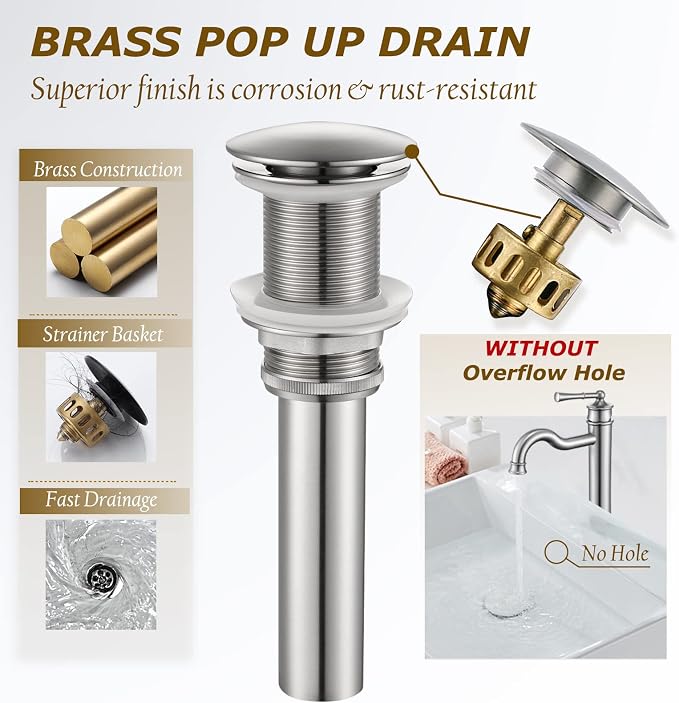 Vessel Sink Faucet Brushed Nickel Bathroom Tall Faucet Single Hole Deck-Mount Pop up Drain Assembly Without Overflow Water Supply Lines Included