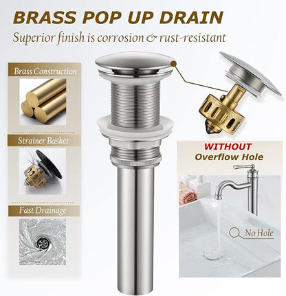 Vessel Sink Faucet Brushed Nickel Bathroom Tall Faucet Single Hole Deck-Mount Pop up Drain Assembly Without Overflow Water Supply Lines Included