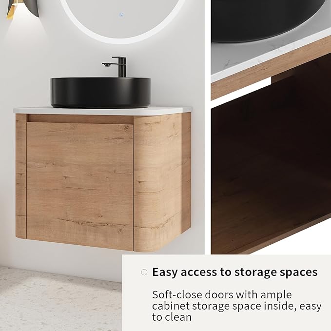 LKTART 24 Inch Floating Bathroom Vanity with Sink, Modern Wall Mounted Bathroom with Soft Close Door, Black Round Ceramic Basin and Sintered Stone Top