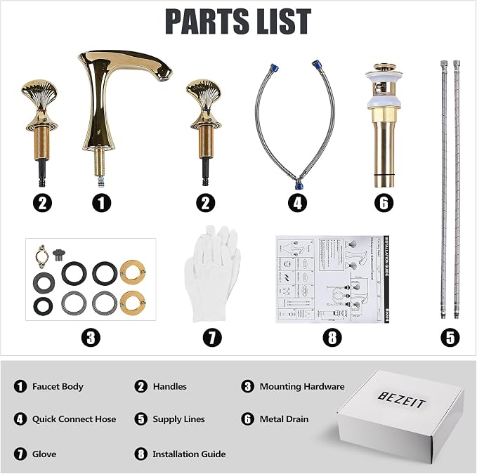 Gold Bathroom Faucet 3 Hole, 8 Inch Widespread Bathroom Sink Faucet for Vanity, 2 Handle Bathroom Faucets, Bathroom Vanity Faucet with Pop-Up Drain and Supply Hoses
