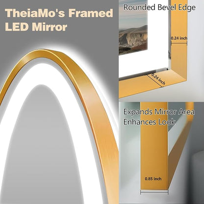 Arched LED Bathroom Mirror, 32"x20" Arch Backlit Vanity Mirror with Lights, Frontlit, Dimmable, 3 Colors, Memory Function, Anti-Fog Smart Mirror, Gold Frame, Shatterproof, UL Listed