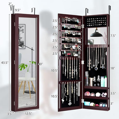 COSTWAY Full Length Mirror Jewelry Cabinet, Wall Door Mounted Jewelry Organizer with Makeup Mirror, Ring Slots and Necklace Hooks, Large Storage Jewelry Armoire for Bedroom, Dressing Room (Brown)