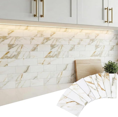 Yipscazo Peel and Stick backsplash 3 x 6 Inches 3D PVC Composite Wall Tile Stick on Backsplash Tile for Kitchen Bathroom, Laundry Room, Fireplace(Calar Gold, 160 Pieces)