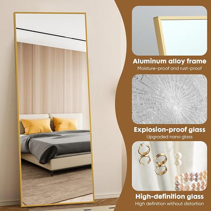 NEWBULIG Full Length Floor Mirror 64"x21", Body Standing Mirror | Wall Hanging or Leaning, Shatter-Proof Glass, Aluminum Alloy Frame with Stand, Home Decor Bedroom, Gold