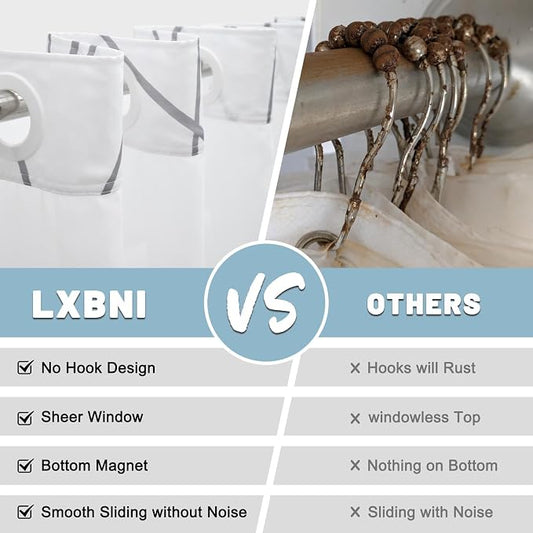 No Hook Shower Curtain with Snap-in Liner, Gray White, 71 x 80 Inch | Stripe Pattern,Waterproof,Quick Dry,Mesh Top Window,Bottom Magnets,Hotel Style,Machine Washable,Modern,for Bathroom