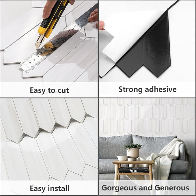 Vamos Tile 1 Sheet Glossy Dolomite White Backsplash Tile Peel and Stick, 12.8 x 12.8 Inch Long Hexagon PVC Self Adhesive Mosaic Wall Tiles Stick on Backsplash for Kitchen and Bathroom