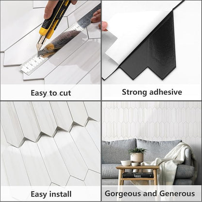 Vamos Tile 1 Sheet Glossy Dolomite White Backsplash Tile Peel and Stick, 12.8 x 12.8 Inch Long Hexagon PVC Self Adhesive Mosaic Wall Tiles Stick on Backsplash for Kitchen and Bathroom