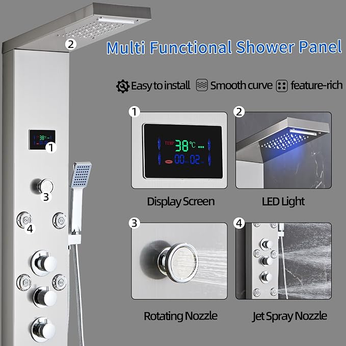 LED 5-in-1 Shower Panel Tower System,Brushed Grey | 304 Stainless Steel Shower Panel Tower Column with Powerful Body Jets, Rainfall, Waterfall,Handheld and Tub Spout