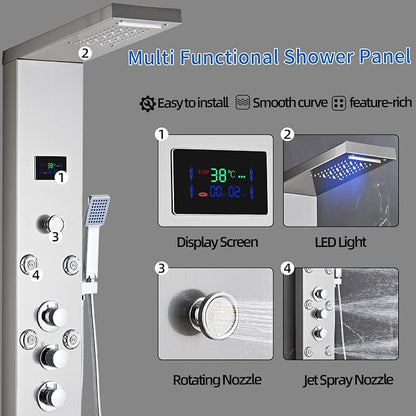 LED 5-in-1 Shower Panel Tower System,Brushed Grey | 304 Stainless Steel Shower Panel Tower Column with Powerful Body Jets, Rainfall, Waterfall,Handheld and Tub Spout