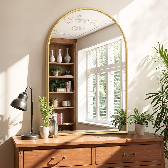 Bathroom Mirror for Wall, 36x24 Inch Arched Mirror, Matte Gold Metal Framed Bathroom Vanity Mirrors for Restroom Farmhouse, Anti-Rust, Tempered Glass, Hanging or Leaning