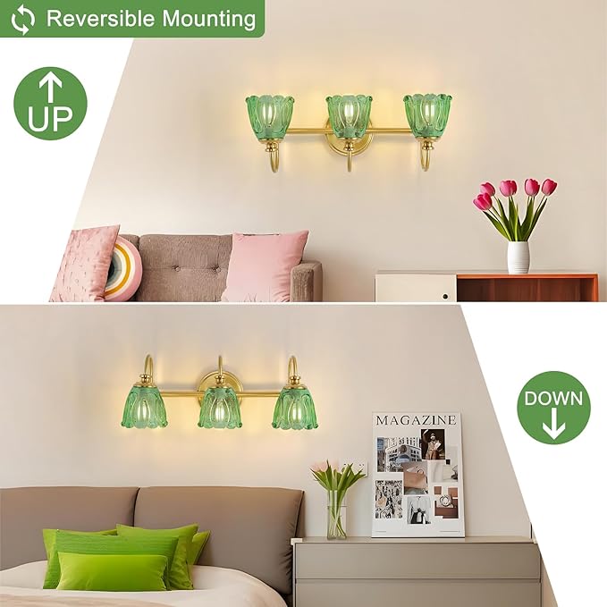 Bathroom Light Fixtures (3-Light), Vintage Brushed Gold Vanity Lights for Bathroom with Green Tulip Crystal Glass Shade, Vanity Wall Light Over Mirror for Bedroom Living Room Hallway