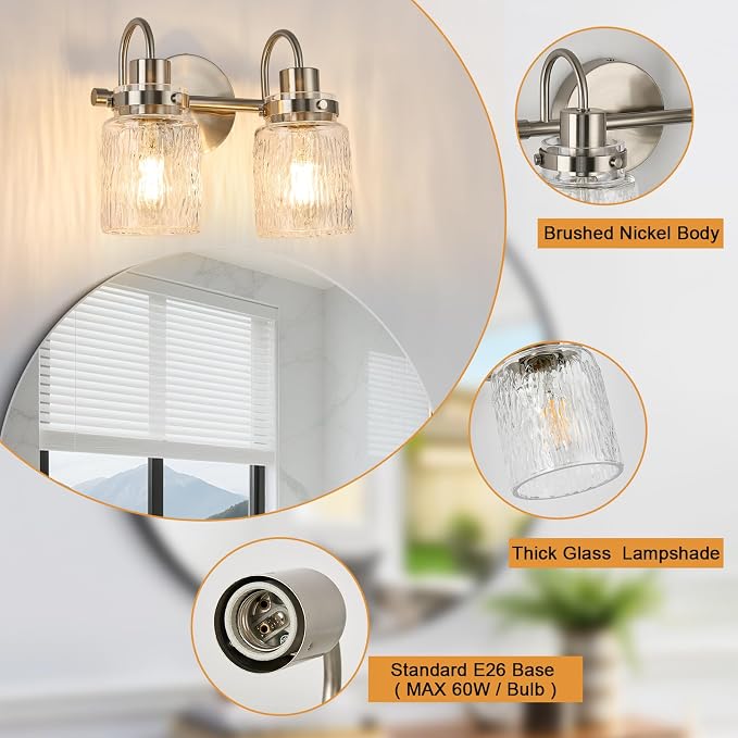 2 Lights Bathroom Vanity Light, Brushed Nickel Bathroom Light Fixtures with Hammered Glass Lampshade for Dressing Table,Over Mirror,Hallway