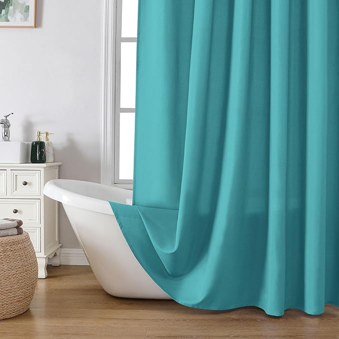 OVZME Zora Solid Turquoise Shower Curtain for Bathroom, Fabric Shower Curtain- Soft Cloth & Hotel Spa Quality, Water Repellent, Machine Washable Shower Curtain Set with 12 Hooks, Grommet Top, 72Wx72L