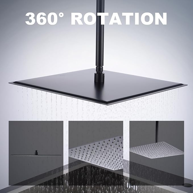 Shower Head,16 Inch Ultra Thin High Pressure Fixed Rain Showerhead Matte Black with Silicone Nozzle - Adjustable Metal Swivel Ball Joint - For the Best Relaxation and Spa
