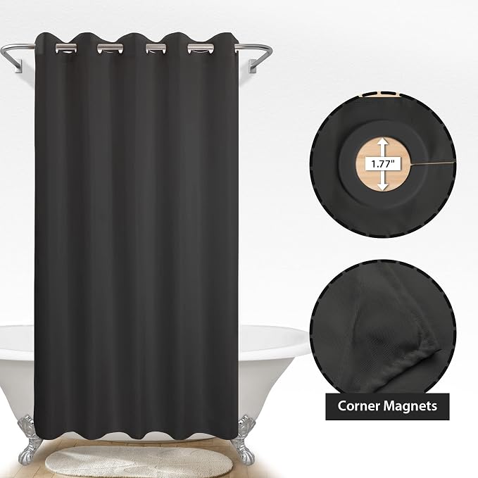 River Dream Extra Long Shower Curtain No Hooks or Liner Needed, Black | Soft Microfiber, 84" Long Fabric Shower Curtain Set Waterproof, Bottom Magnets, Machine Washable, 71W x 86H(84H)