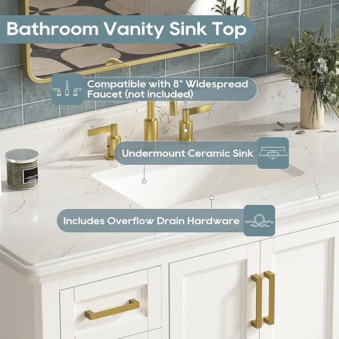 48 Inch Bathroom Vanity with Sink, Farmhouse Bathroom Vanity Set with Quartz Countertop, Painted Bathroom Storage Cabinet with Soft Closing Doors & Dovetail Pine Drawers, White
