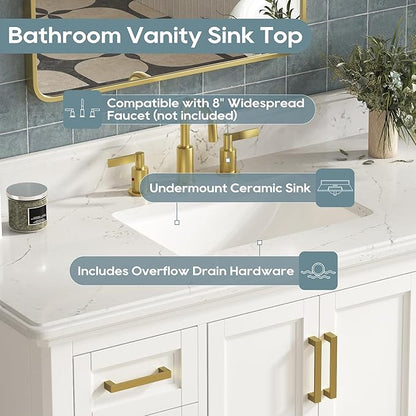 48 Inch Bathroom Vanity with Sink, Farmhouse Bathroom Vanity Set with Quartz Countertop, Painted Bathroom Storage Cabinet with Soft Closing Doors & Dovetail Pine Drawers, White