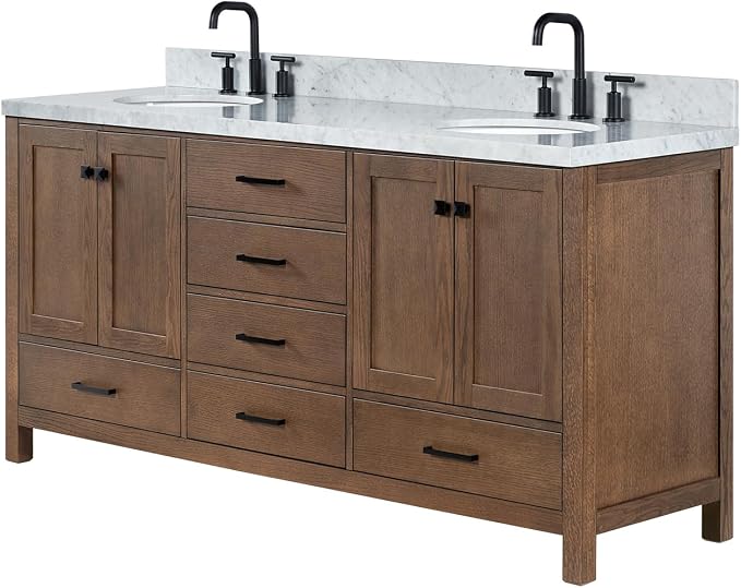 ARIEL Cambridge 72-inch Bathroom Vanity with Sink,Solid Wood, 1.5-inch Italian Carrara Marble Countertop, Double Oval Porcelain Sink, 4 Soft Closing Doors, 6 Dovetail Drawers, Brown Oak