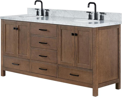 ARIEL Cambridge 72-inch Bathroom Vanity with Sink,Solid Wood, 1.5-inch Italian Carrara Marble Countertop, Double Oval Porcelain Sink, 4 Soft Closing Doors, 6 Dovetail Drawers, Brown Oak