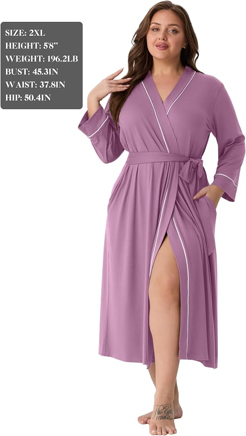 PrinStory Robes for Women 3/4 Sleeve Long Bath Robe XS-4XL | V-Neck Knit Bathrobe with Pockets, Lightweight, Soft, Breathable Robes for Shower, Spa, Travel, Home, Party, Nursing
