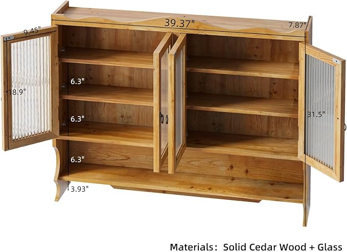 KEIKI 39.37" L Wall Mounted Kitchen Sideboard Cabinet with 4 Glass Door, 5 Hook Rack, 4 Layers Shelves, Retro Storage Buffet Medicine Cabinet for Bathroom, Dining Rooms, Entryway, Solid Wood, Natural