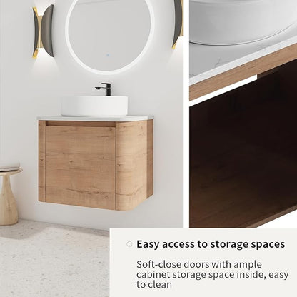 LKTART 24 Inch Floating Bathroom Vanity with Sink, Modern Wall Mounted Bathroom with Soft Close Door, White Round Ceramic Basin and Sintered Stone Top
