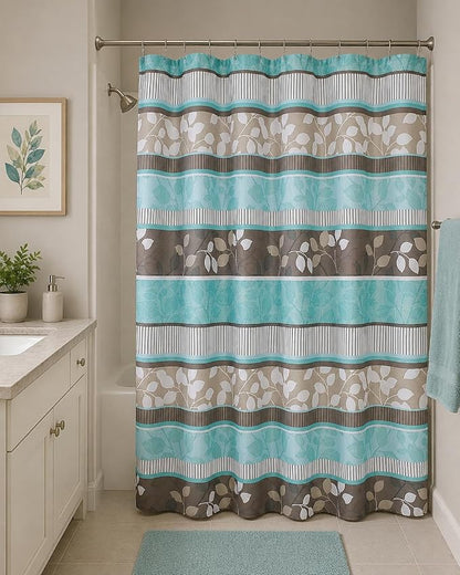 Boho Teal Blue Floral Striped Fabric Bathroom Shower Curtain for Bathroom | 70" x 72", Elegant Bohemian Fabric Striped Floral, Teal Blue Brown Beige White Luxury Hotel Farmhouse Rustic Bathroom Décor