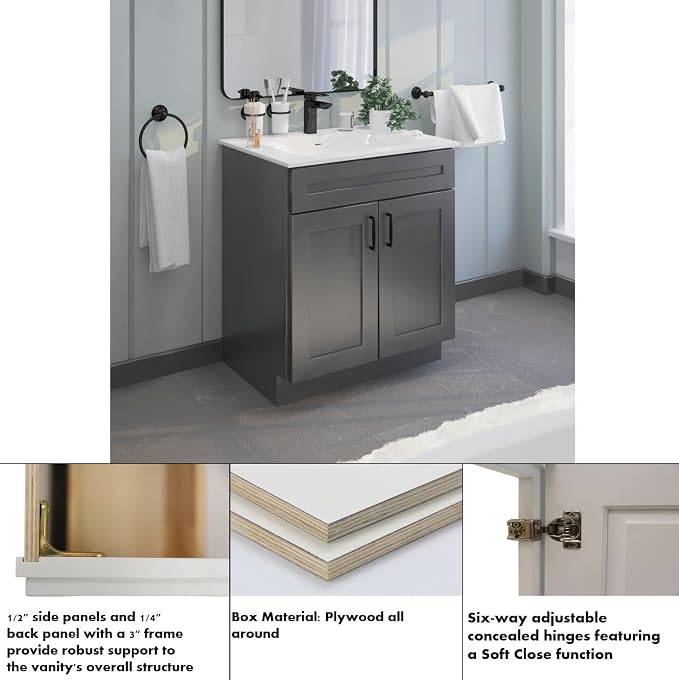 Bathroom Vanity Sink Base Ready-to-Assemble Bathroom Cabinet 24"/30'/36" Width (Vanity Base in Grey Shaker, 30 inch)