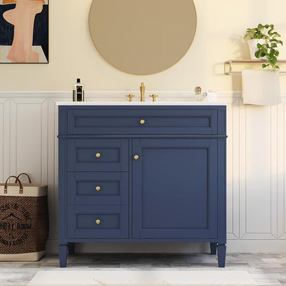 Merax 36 Inch Bathroom Vanity with Top Sink, Modern Bathroom Storage Cabinet with 2 Drawers and a Tip-Out Drawer, Solid Wood Frame Single Sink Bath Vanities, Blue