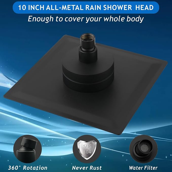 Voolan Rain Shower Head with Filtered - High Flow Bathroom Rainfall Filter Showerhead For Hard Water, Upgraded 304 Stainless Steel Construction (10"Square, Matte Black)