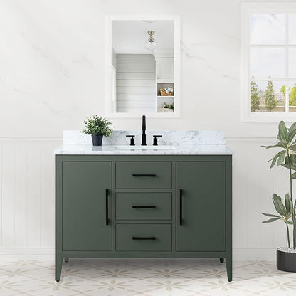 HomeBeyond 48 Inch Bathroom Vanity with Sink & Ceramic Top, Single Vanity Cabinet with Basin, Soft-Closing Doors & Matte Black Hardware, Vintage Green