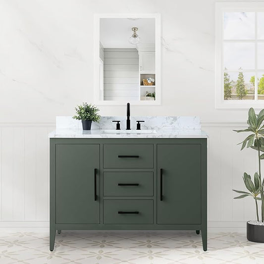 HomeBeyond 48 Inch Bathroom Vanity with Sink & Ceramic Top, Single Vanity Cabinet with Basin, Soft-Closing Doors & Matte Black Hardware, Vintage Green