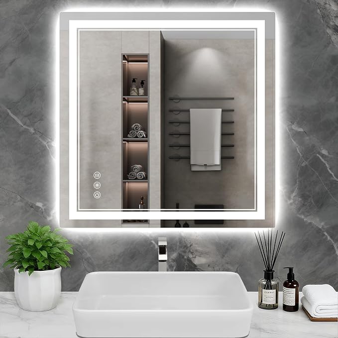36x36 Inch LED Bathroom Mirror with Lights, 3 Colors Dimmable LED Vanity Mirror, Front and Back Lit, Anti-Fog, Memory Function, Shatterproof Tempered Glass, ETL Listed, Wall Mounted Makeup Mirror