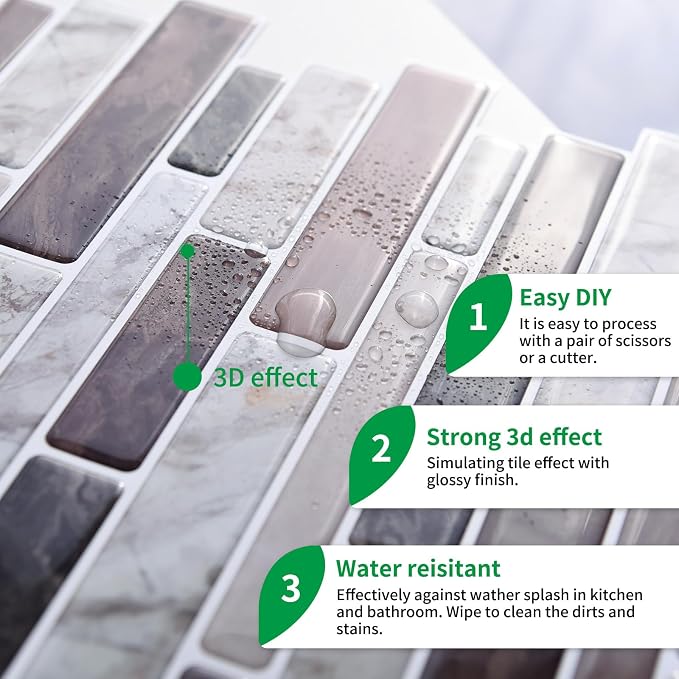 LONGKING Self-Adhesive Kitchen Backsplash, Marble Look Decorative Tiles (10 Tiles) (Multi) | Peel and stick backsplash, self-adhesive wall tile, Multi, marble, waterproof, kitchen bathroom wall, 10 tiles