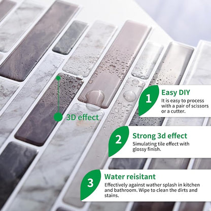 LONGKING Self-Adhesive Kitchen Backsplash, Marble Look Decorative Tiles (10 Tiles) (Multi) | Peel and stick backsplash, self-adhesive wall tile, Multi, marble, waterproof, kitchen bathroom wall, 10 tiles
